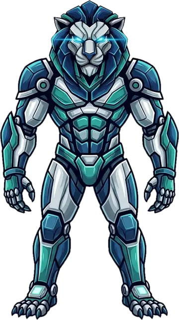 CyberLeo – a blue armoured robot lion with glowing eyes