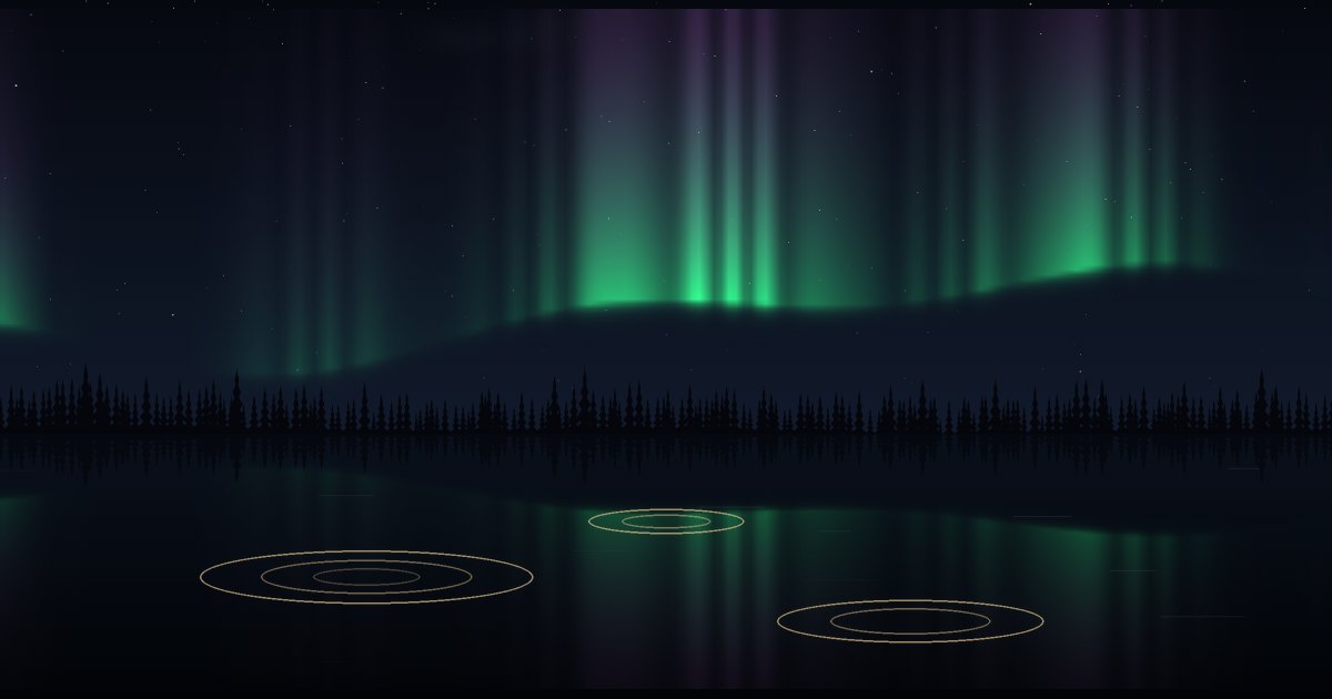 Sky Kantele – northern lights reflected in a night lake, the kantele notes drawing golden rings on the water